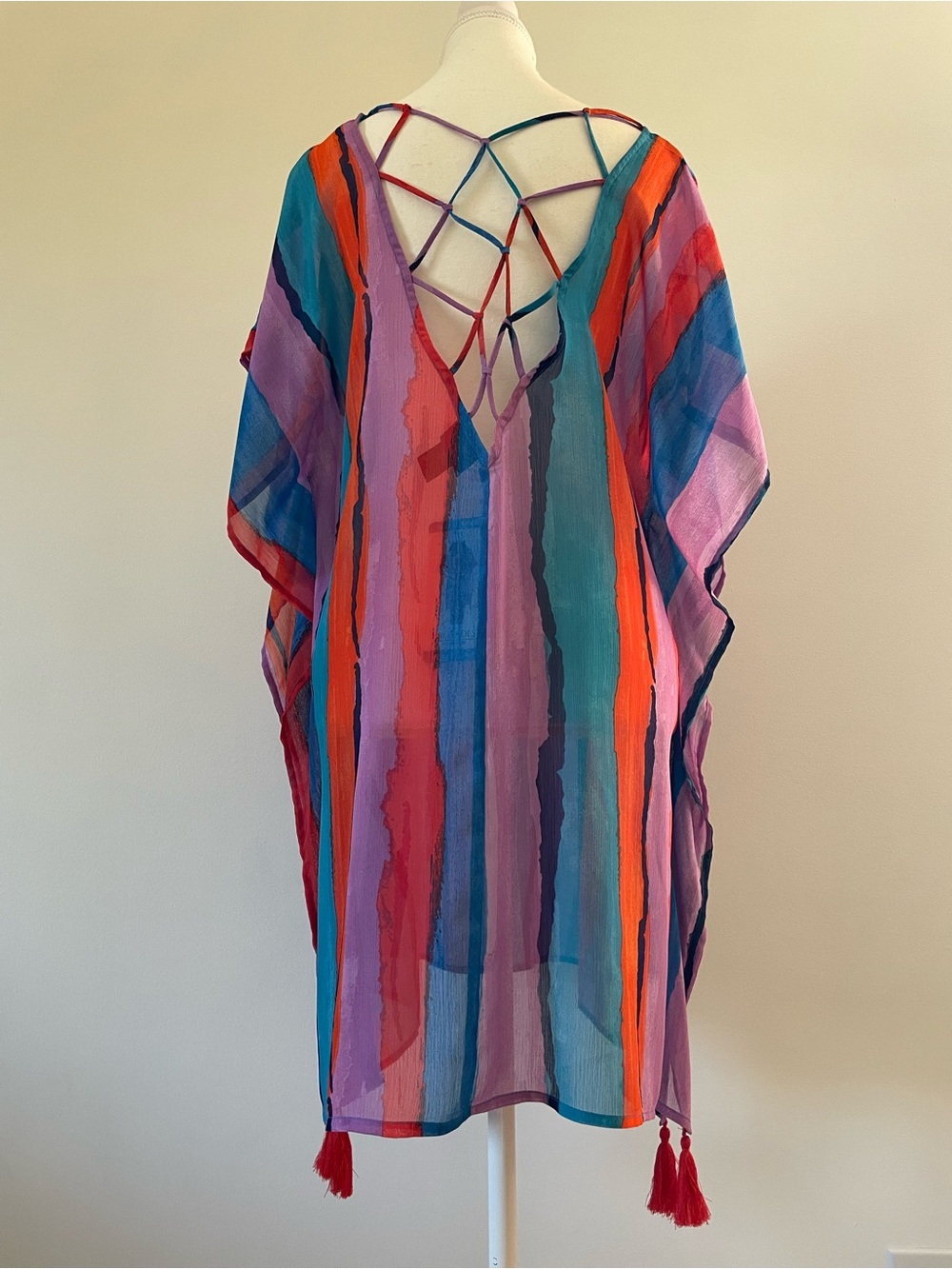 NEW Striped Kaftan Tunic Swim Cover with Tassels Multicolor Women’s Medium Large